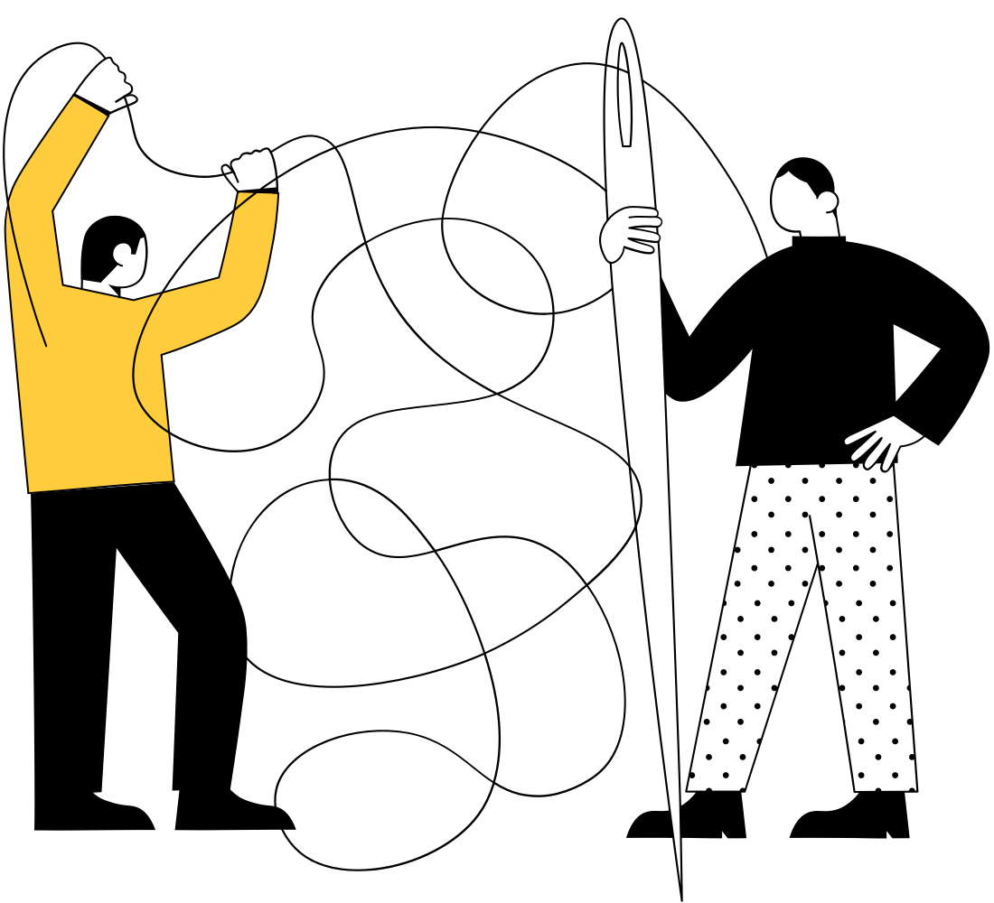 An illustration of two people untangling the thread which passes through a large needle held by one of them.