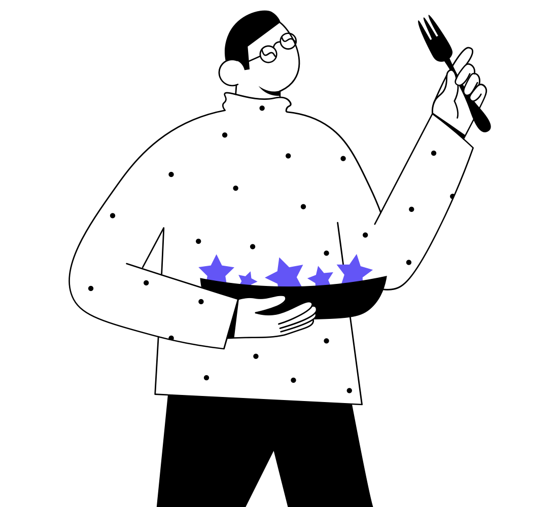 An illustration of a bespectacled man ready to eat stars from a plate with a nice fork. Yum!