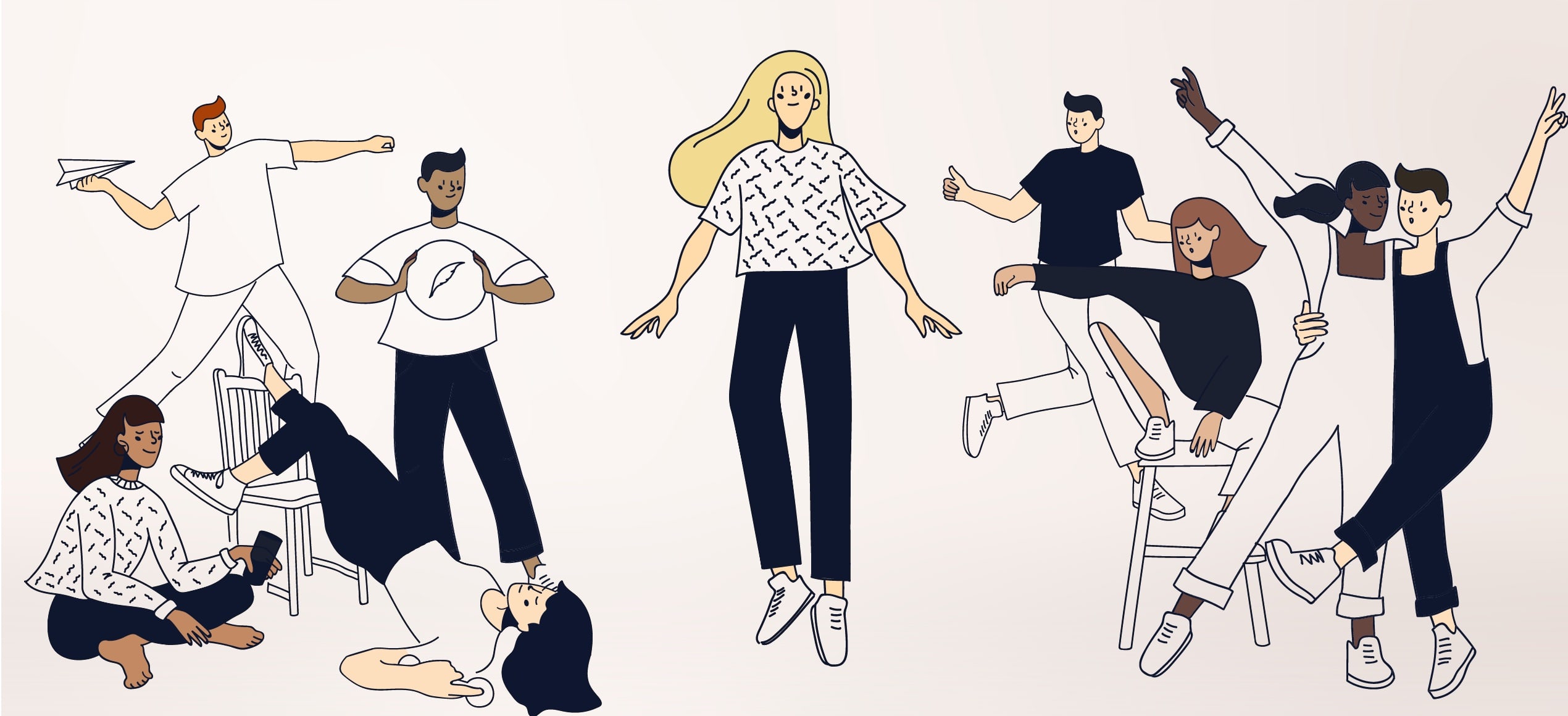 An illustration of a team. There are 9 people. The scene is quite chaotic. There are people dancing, playing games, and even one person levitating in the air!